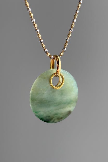 #P0457 "Wushi/Peace" Icy Green Jadeite Jade 18K Yellow Gold Pendant