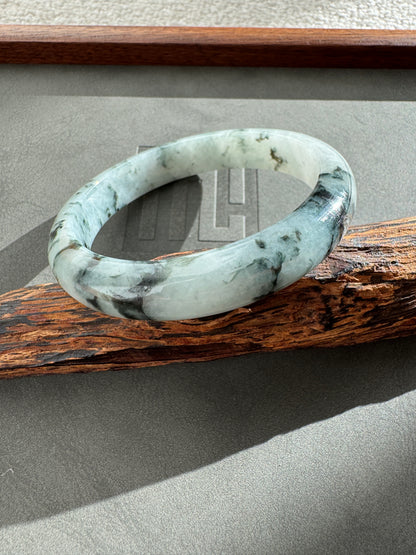 #0329"Wash Drawing" Icy Ink Flower White Jade Bangle Size 57.7