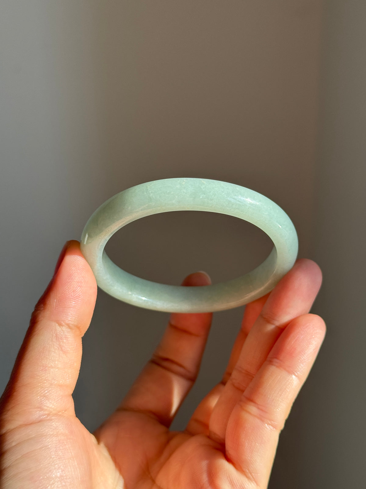 #0426 Lotus Green Oval Jade Bangle Size 51