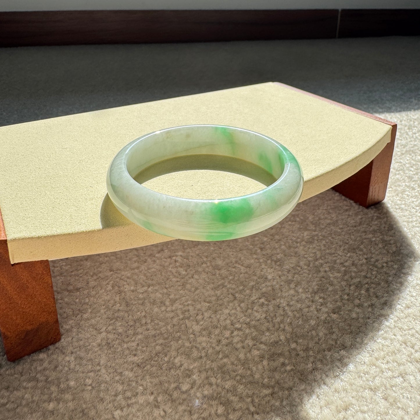#0209 White Sun Green Jade Bangle Size 59.5
