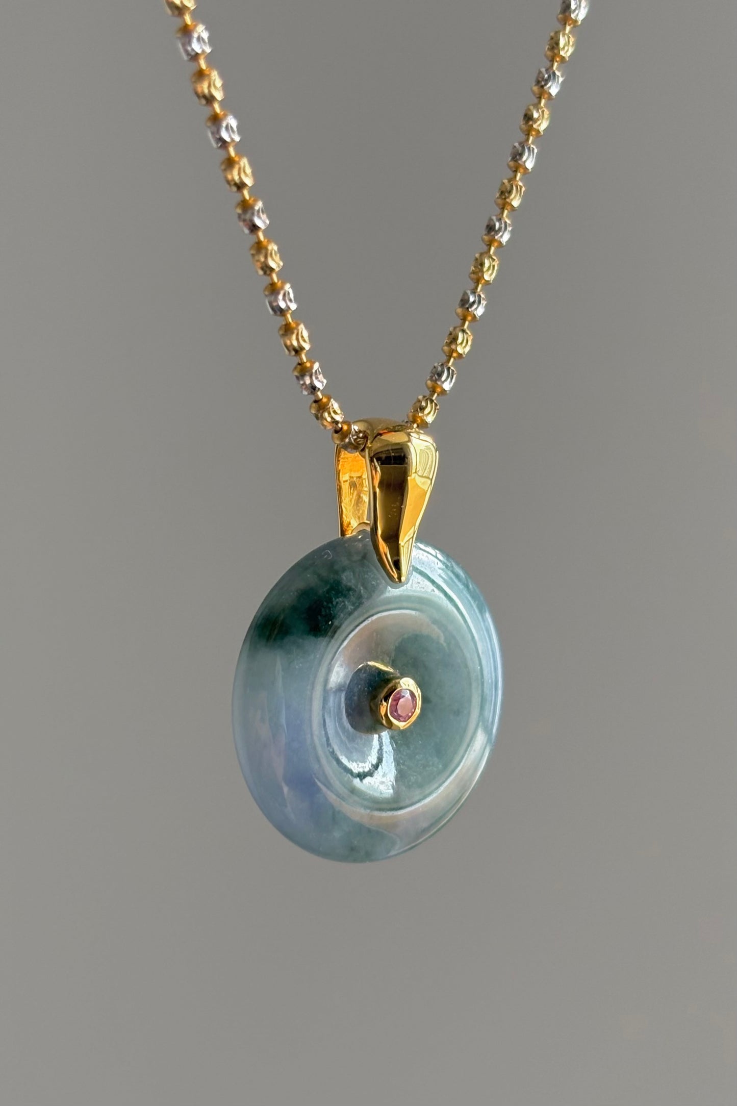 #P0448 "Ping An Kou" Icy Monet Lavender & Green Jadeite Jade Donut 18K Yellow Gold Pendant