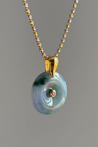 #P0448 "Ping An Kou" Icy Monet Lavender & Green Jadeite Jade Donut 18K Yellow Gold Pendant