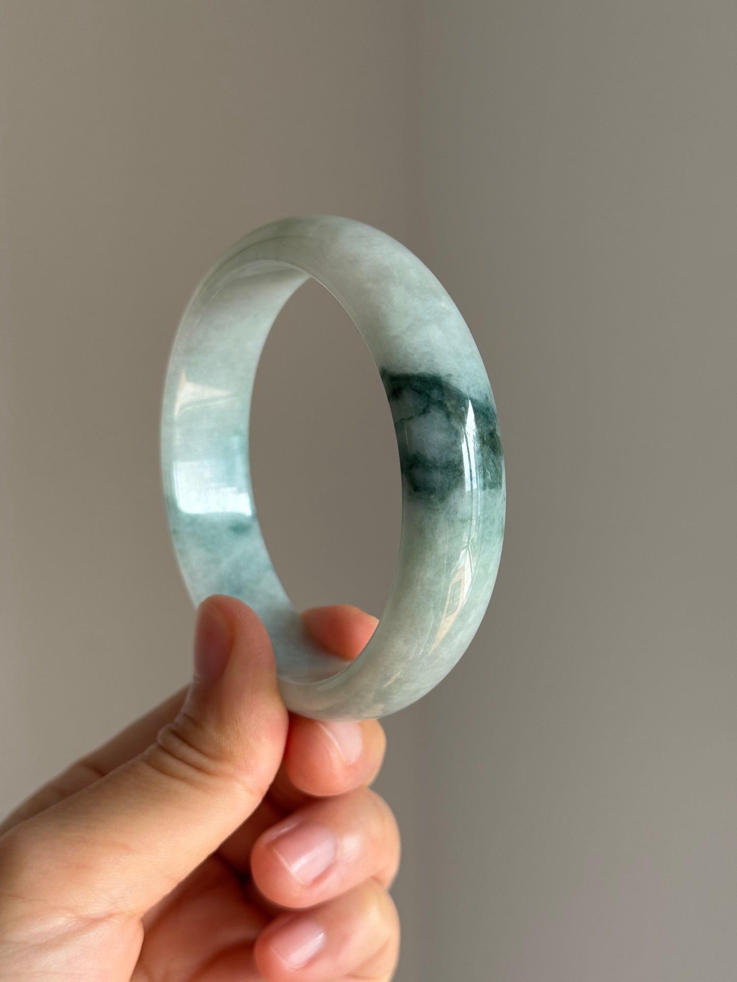 #0421 Icy Bluish Green Flower Jade Bangle Size 60.5