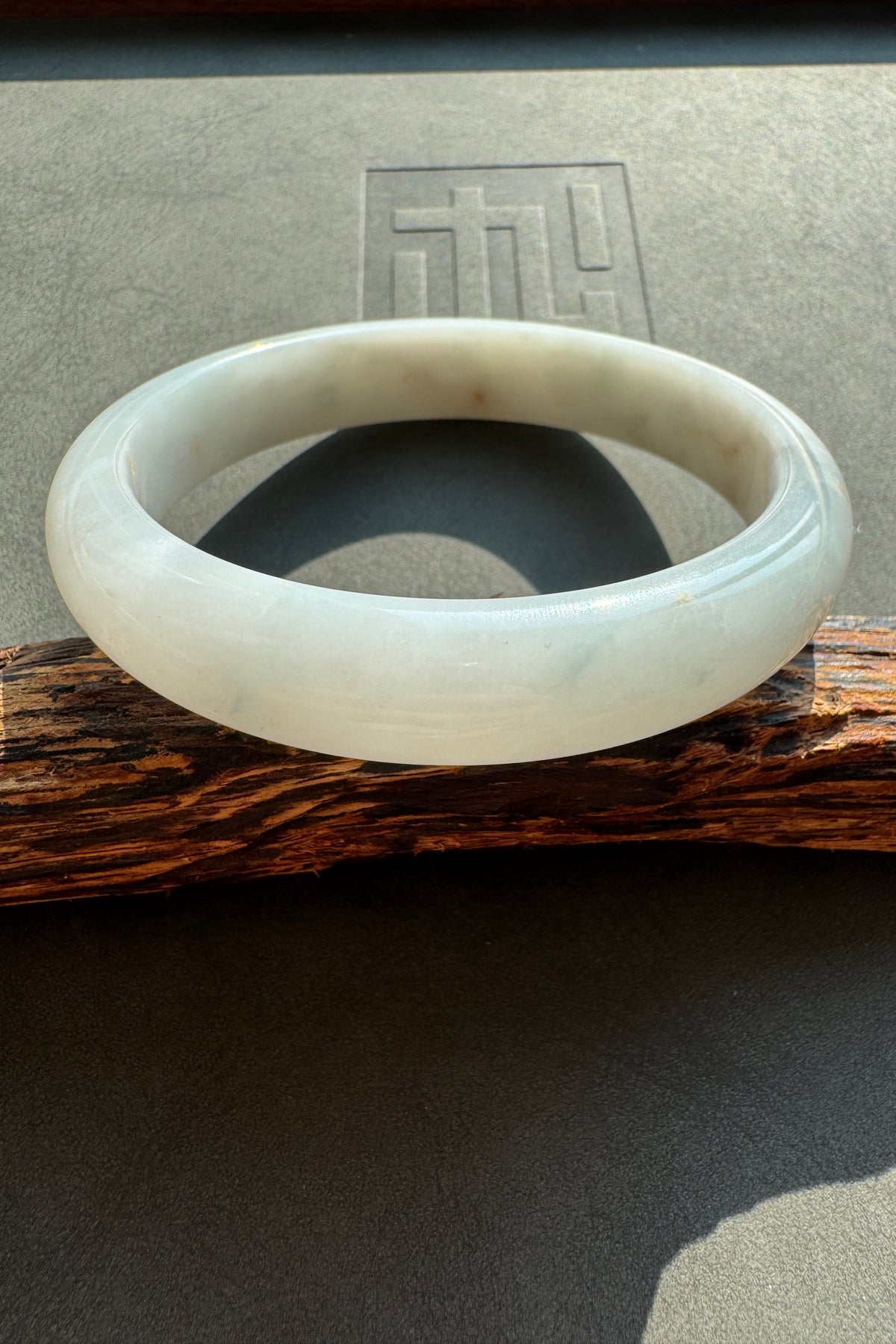 #0442 Icy White Light Green Yellow Spot Jade Bangle Size 58.9