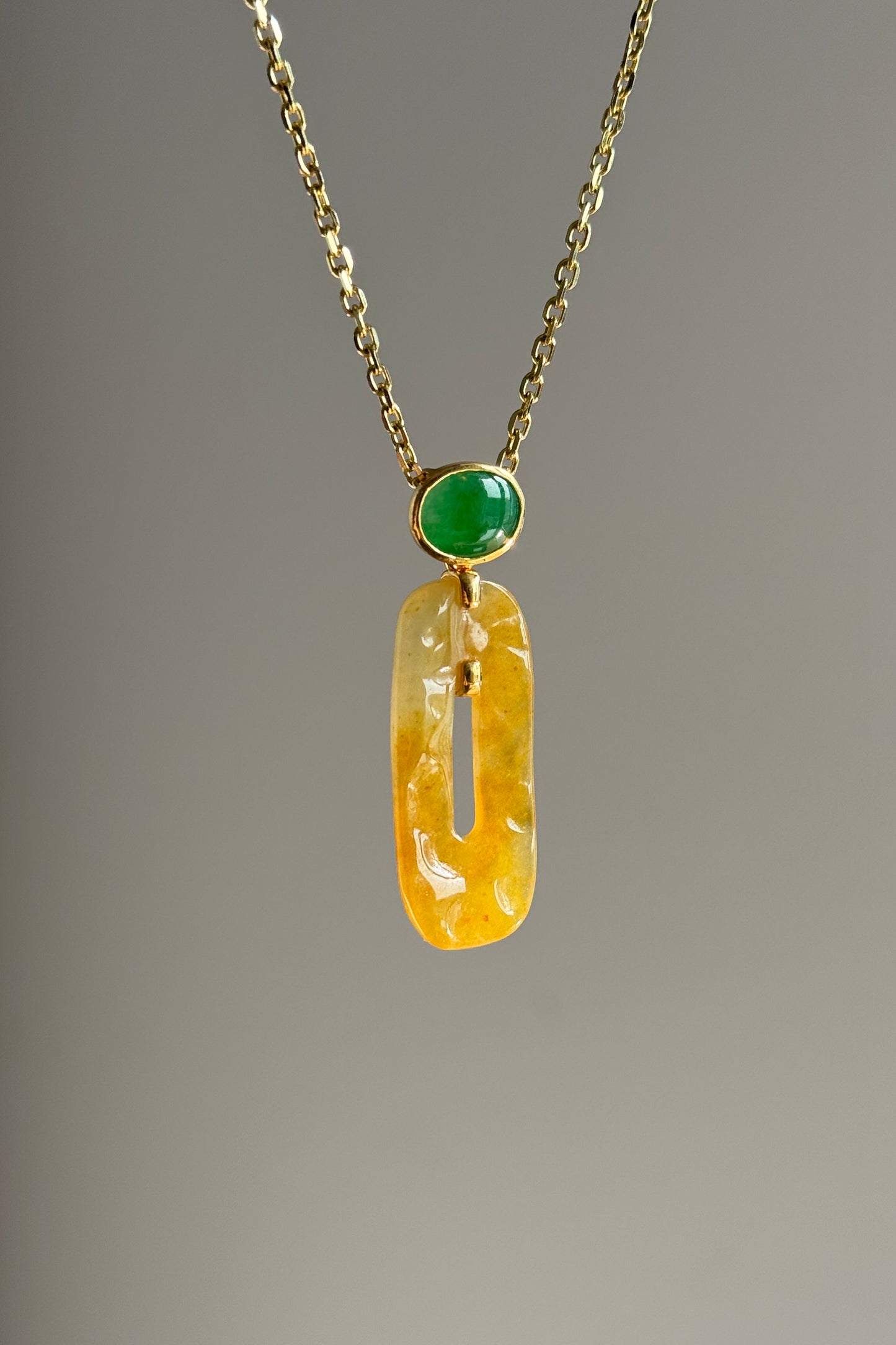 #P0538 "Retro Bi" Icy Golden Yellow Bi & Imperial Green Cabochon Jadeite Jade 18K Yellow Gold Pendant