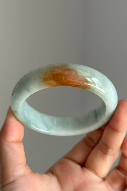 #0382 Icy Lotus Green Orange Yellow Wide Jade Bangle Size 57.8