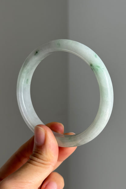 #0366 Light Green Flower White Jade Bangle Size 59.1