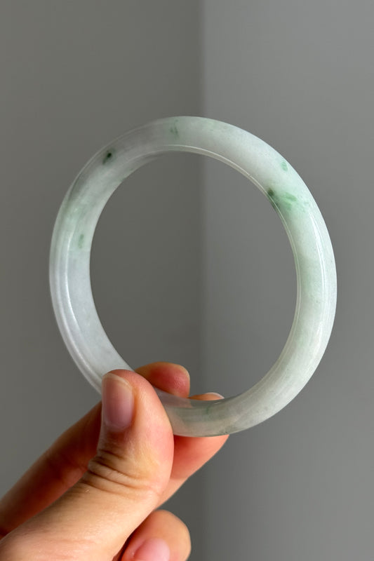 #0366 Light Green Flower White Jade Bangle Size 59.1