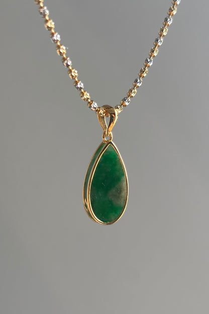 #P0466 "Water Drop" Icy Imperial Green Jadeite Jade 18K Yellow Gold Pendant