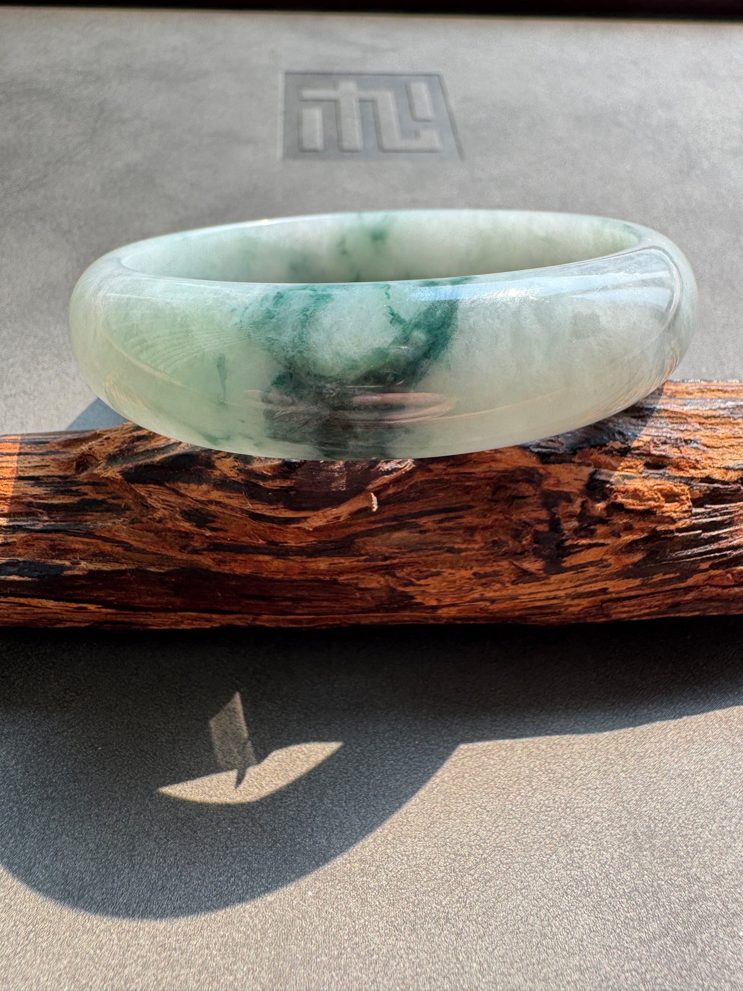 #0421 Icy Bluish Green Flower Jade Bangle Size 60.5