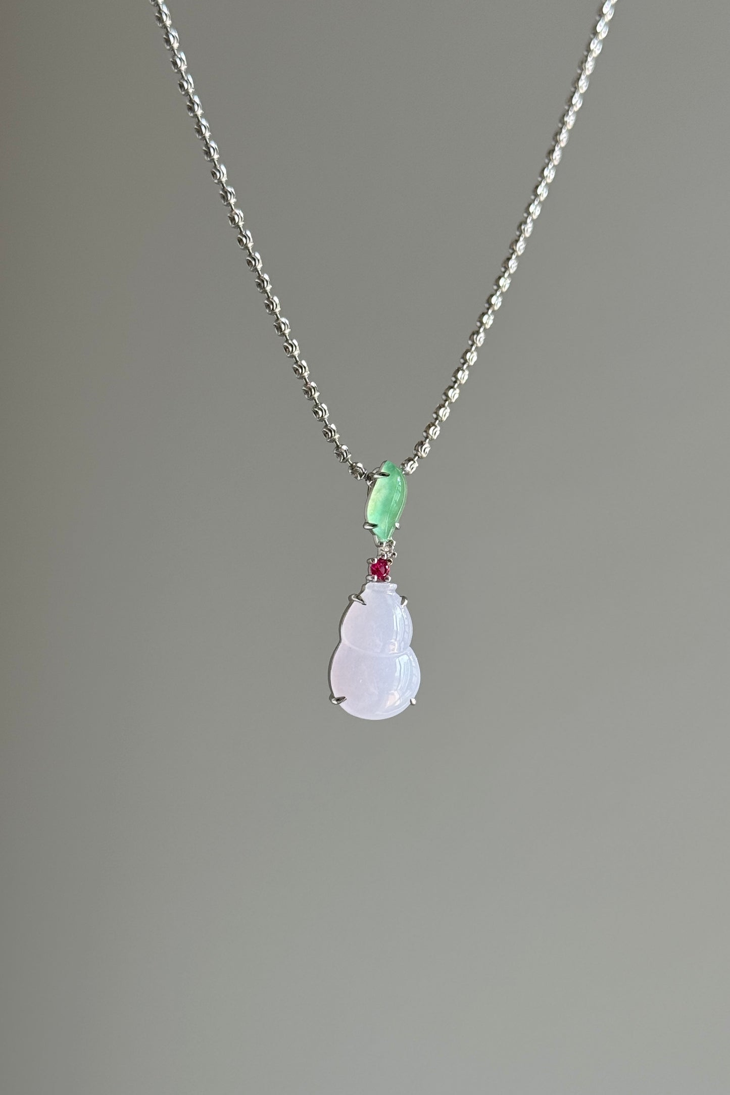 #P0537 "Hulu/Gourd" Icy Pink Lavender & Sun Green Jadeite Jade 18K White Gold Pendant