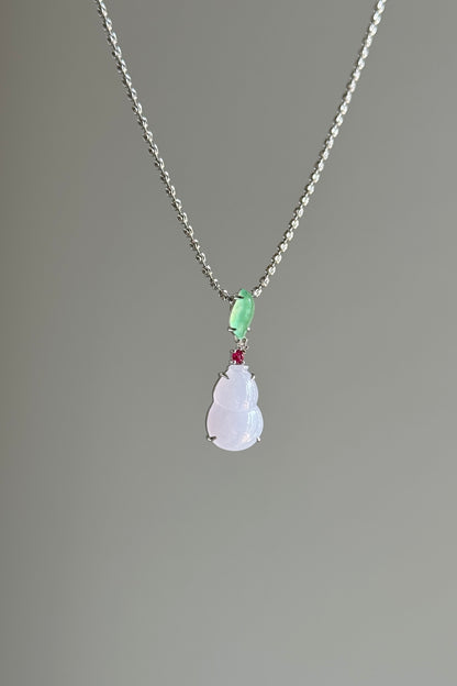 #P0537 "Hulu/Gourd" Icy Pink Lavender & Sun Green Jadeite Jade 18K White Gold Pendant