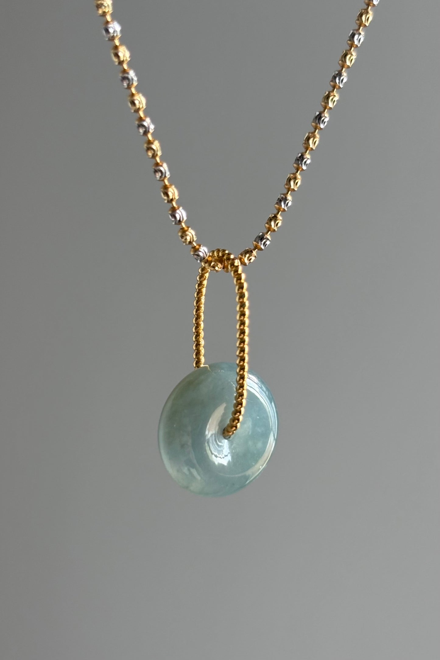 #P0452 "Bi" Highly Icy Blue Lavender Jadeite Jade Donut 18K Yellow Gold Pendant