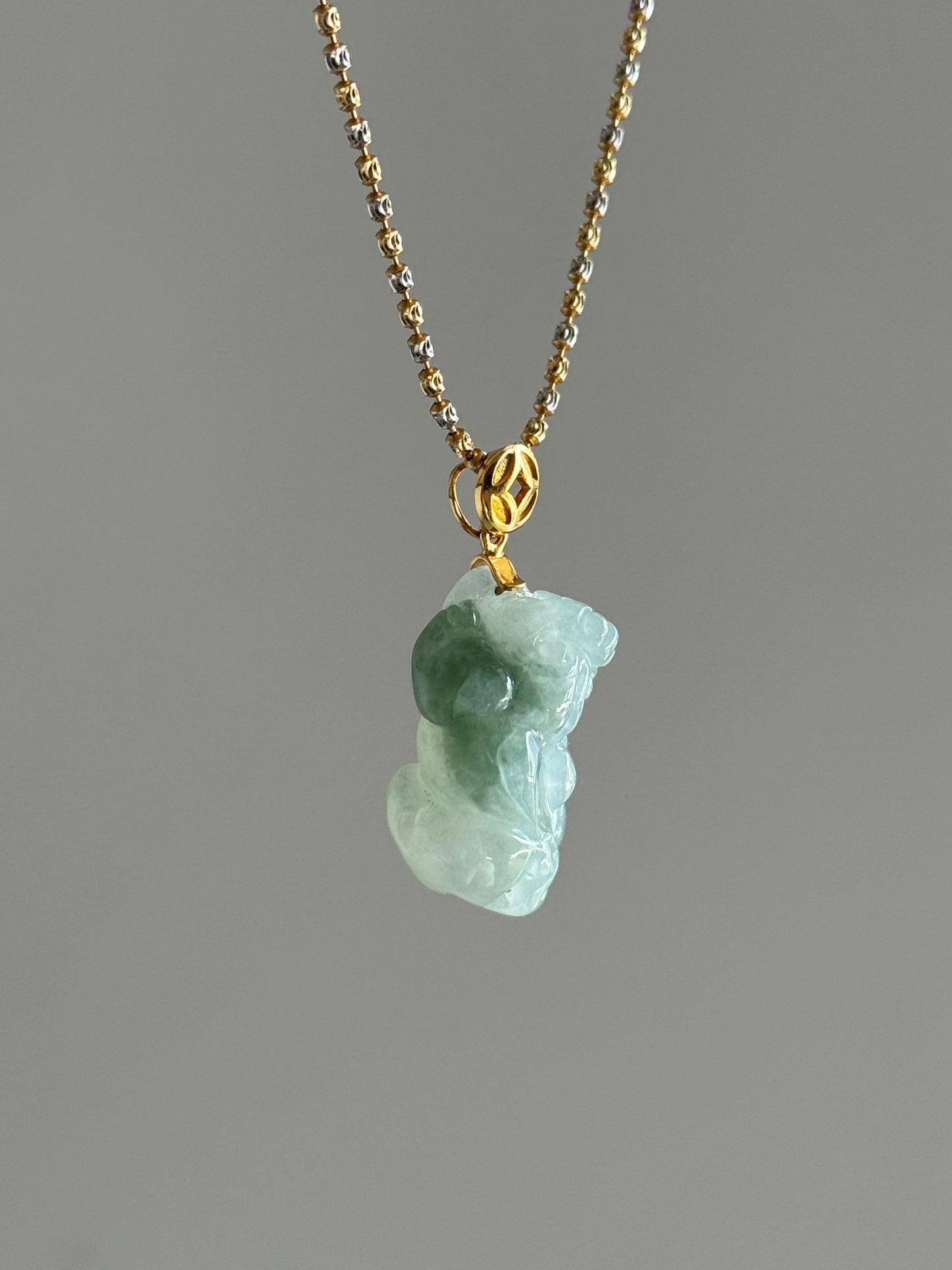 #P0493 "Pixiu" Icy Blue Green Flower Jadeite Jade 18K Yellow Gold Pendant