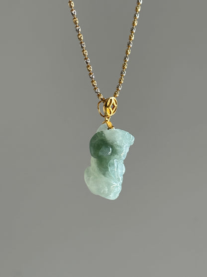 #P0493 "Pixiu" Icy Blue Green Flower Jadeite Jade 18K Yellow Gold Pendant