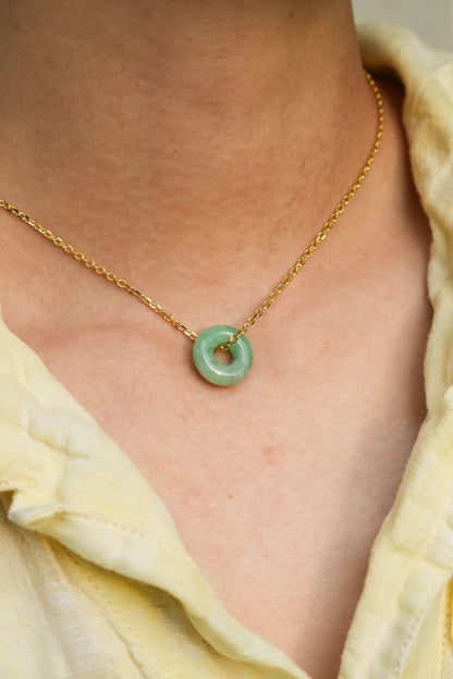 Sun Green Jadeite Jade Mini Donut Pendant Necklace