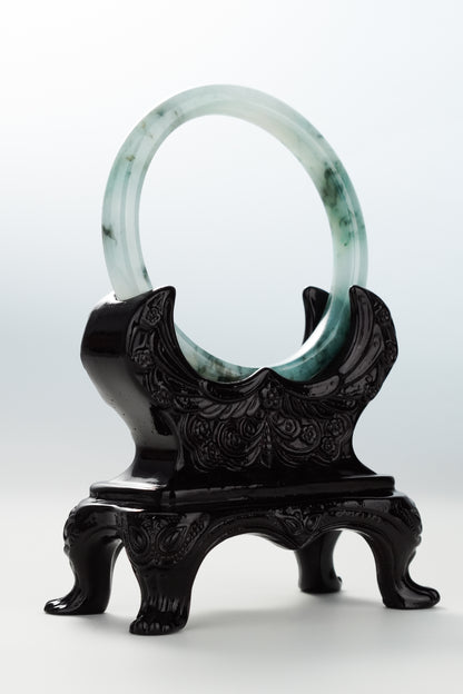 #0064 “Ink Painting" Icy Ink Bluish Green Flower Jadeite Jade Bangle Size 60