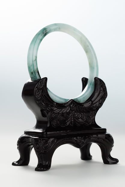 #0064 “Ink Painting" Icy Ink Bluish Green Flower Jadeite Jade Bangle Size 60