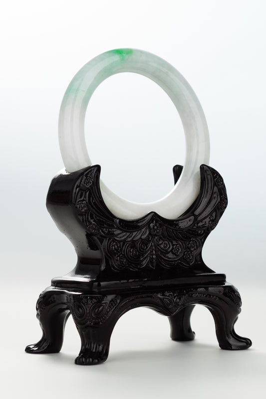 #0072 Sun Green White Jadeite Jade Bangle Size 54.2 (fits up to 55.6)