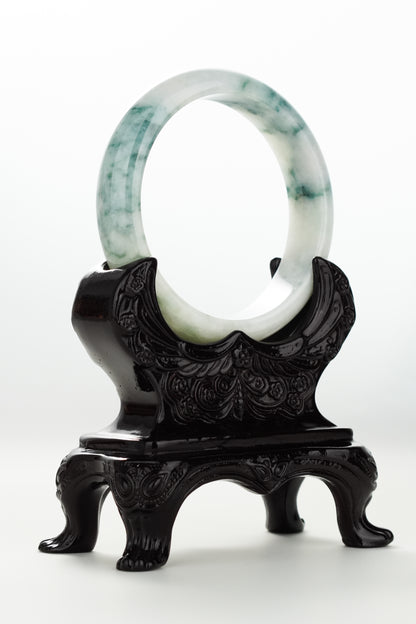 #0074 Bluish Green Flower Jadeite Jade Bangle Size 57.5