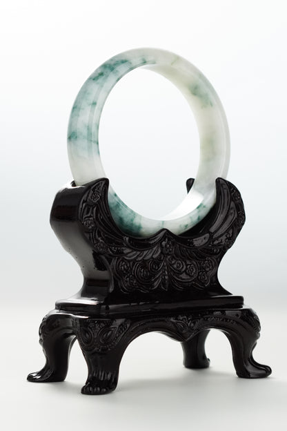 #0074 Bluish Green Flower Jadeite Jade Bangle Size 57.5