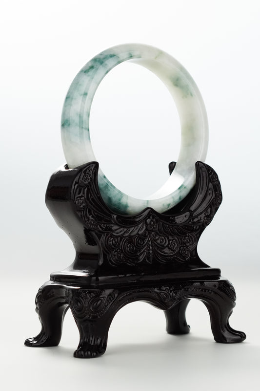 #0074 Bluish Green Flower Jadeite Jade Bangle Size 57.5