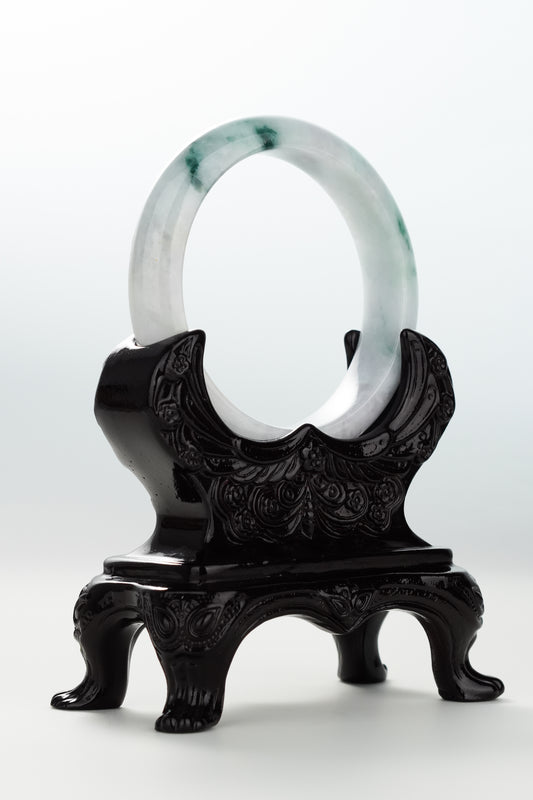 #0078 Forest Green Flower White Jadeite Jade Bangle Size 55.2