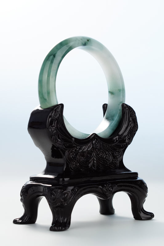 #0119 "Ink Painting" Icy Bluish Green White Jadeite Jade Bangle Size 55.8