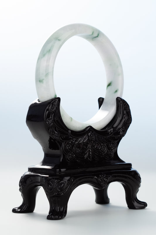 #0124 Green Flower Light Lavender Jadeite Jade Bangle Size 59.1