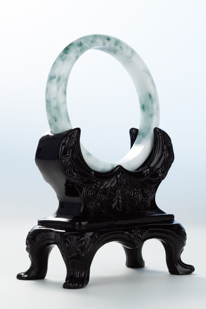 #0126 "Spilled Ink" Bluish Green Flower White Jadeite Jade Bangle Size 60
