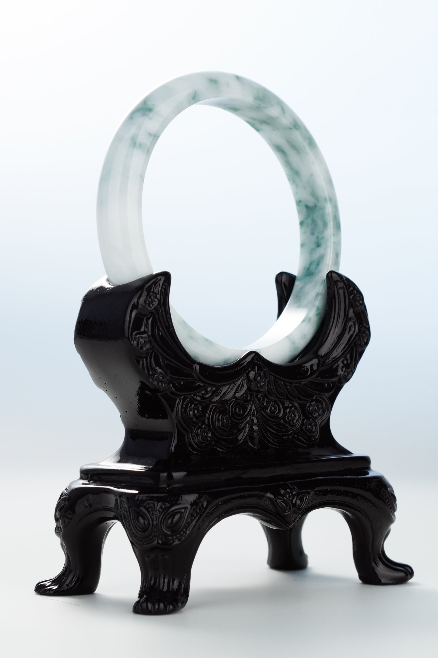 #0126 "Spilled Ink" Bluish Green Flower White Jadeite Jade Bangle Size 60