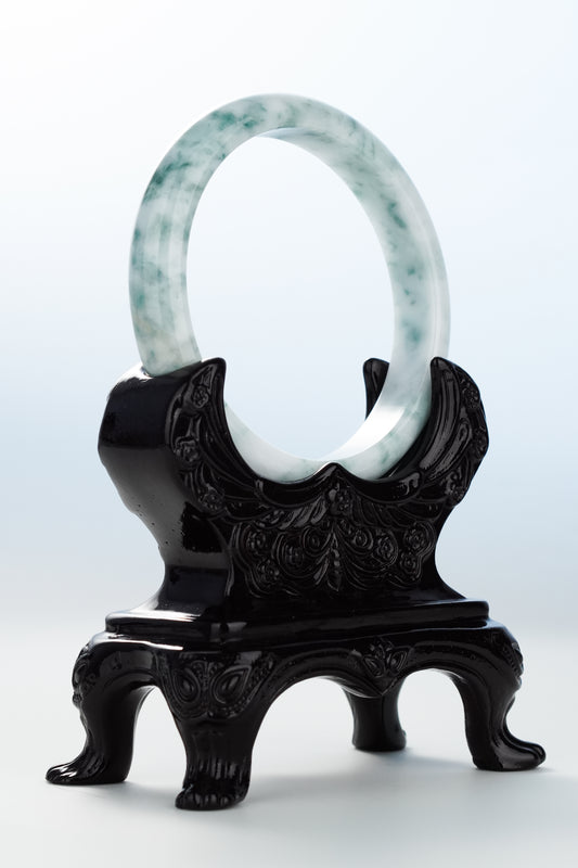 #0126 "Spilled Ink" Bluish Green Flower White Jadeite Jade Bangle Size 60