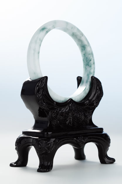 #0126 "Spilled Ink" Bluish Green Flower White Jadeite Jade Bangle Size 60