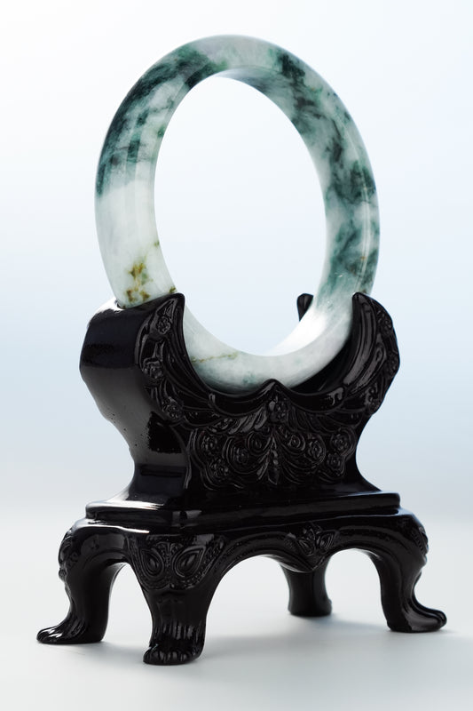 #0130 Dark Green Black Flower Jadeite Jade Bangle Size 62.3