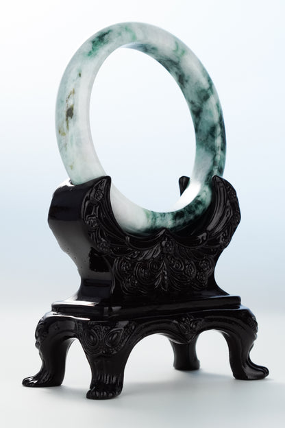 #0130 Dark Green Black Flower Jadeite Jade Bangle Size 62.3