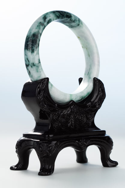 #0130 Dark Green Black Flower Jadeite Jade Bangle Size 62.3