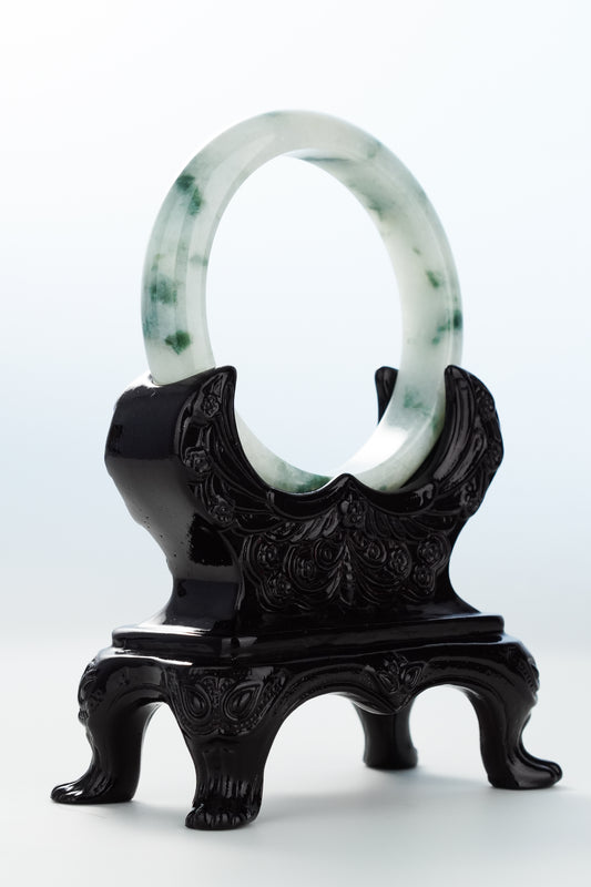 #0136 Icy Bluish Green Flower White Jadeite Jade Bangle Size 57.2