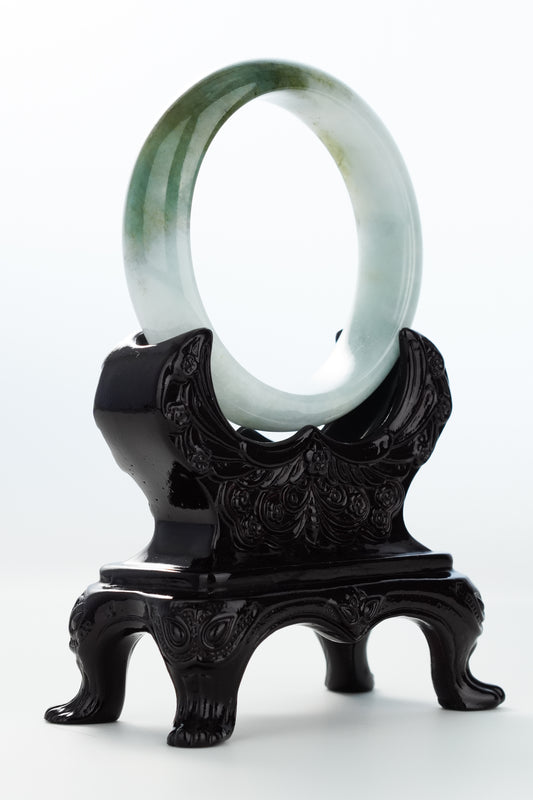 #0141 Icy Olive Green White Jadeite Jade Bangle Size 57