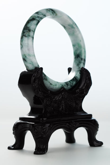 #0170 Dark Green White Black Flower Jadeite Jade Bangle Size 62.3