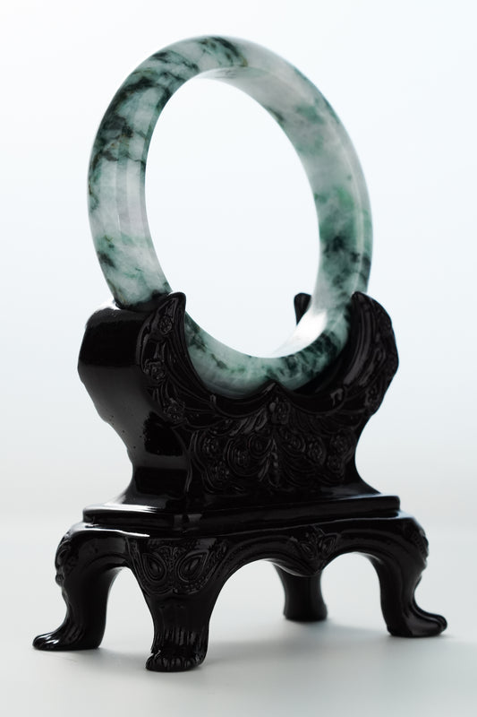 #0170 Dark Green White Black Flower Jadeite Jade Bangle Size 62.3