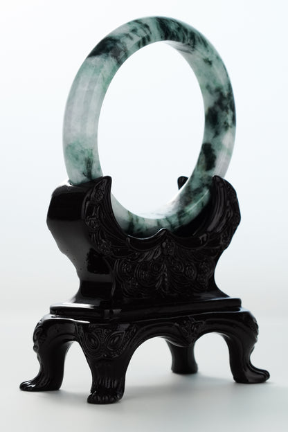 #0170 Dark Green White Black Flower Jadeite Jade Bangle Size 62.3