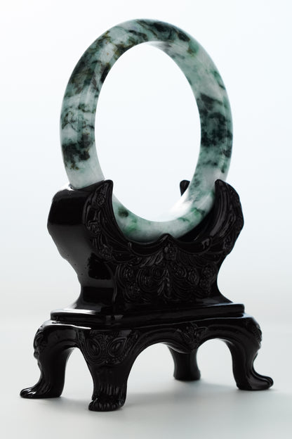 #0170 Dark Green White Black Flower Jadeite Jade Bangle Size 62.3