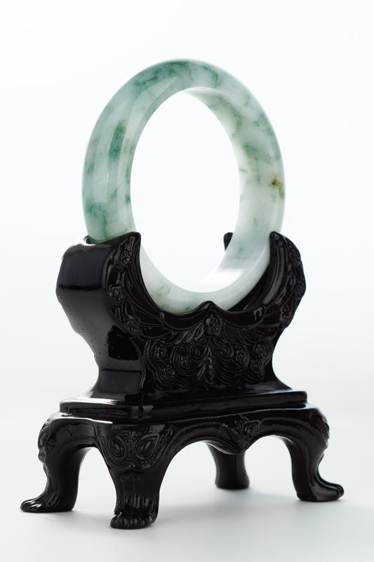 #0173 Bluish Green Flower Milky White Jadeite Jade Bangle Size 55.8