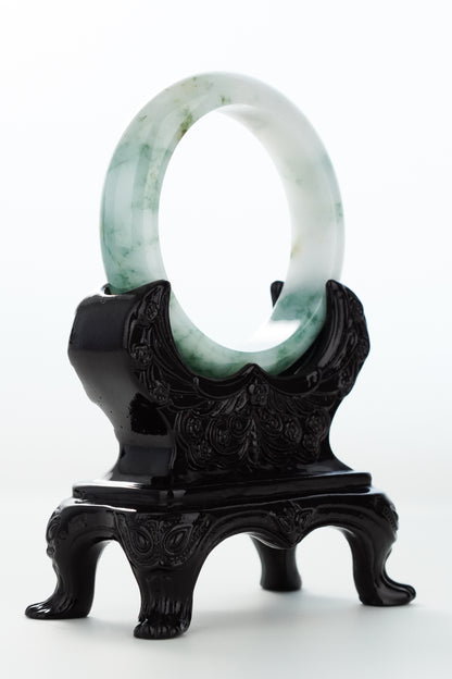 #0173 Bluish Green Flower Milky White Jadeite Jade Bangle Size 55.8