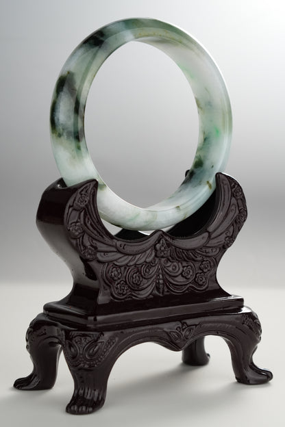 #0277 Green Yellow Black Flower Jade Bangle Size 59.5