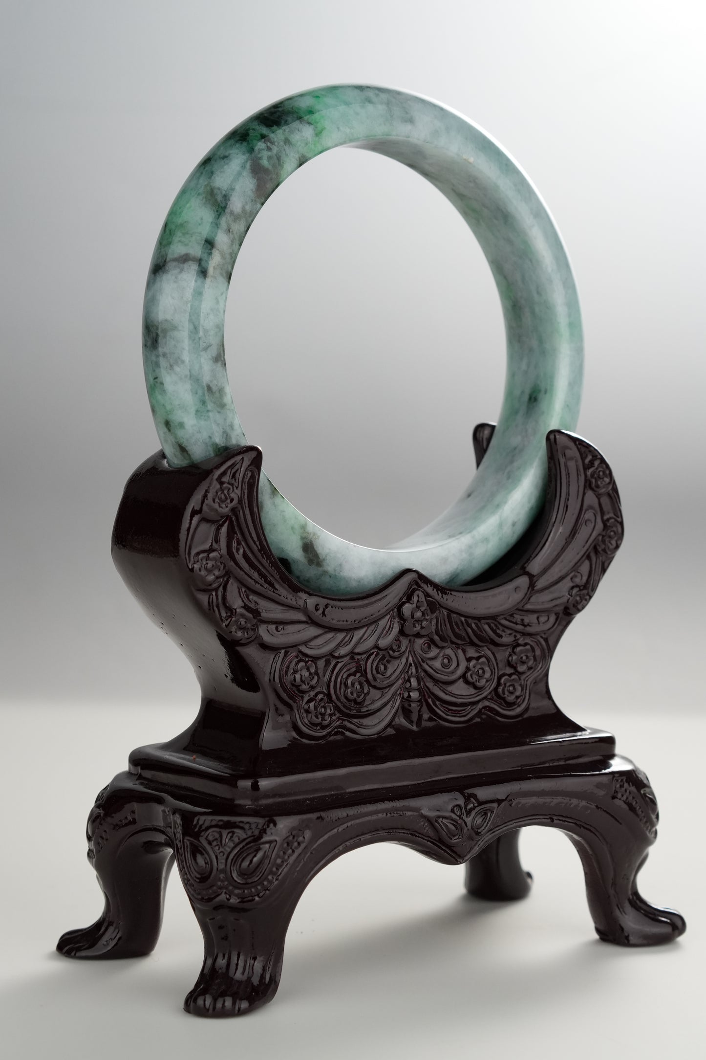#0280 Dark Green Flower Jade Bangle Size 58.4