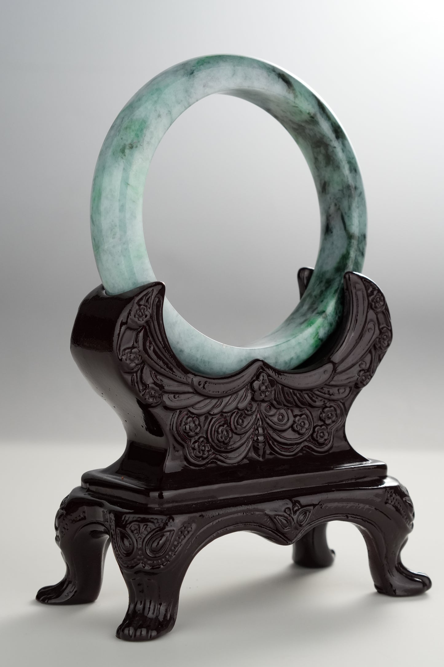 #0280 Dark Green Flower Jade Bangle Size 58.4