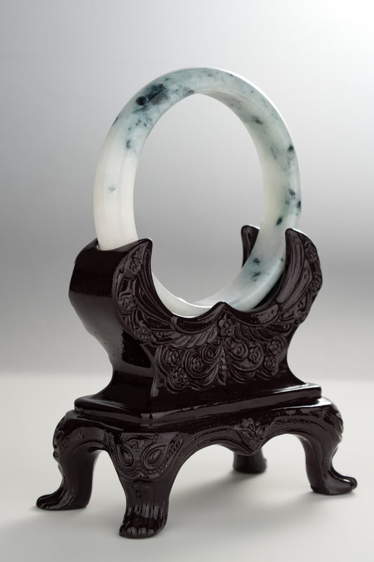 #0301 Rich Blue Flower White Jade Bangle Size 58.5