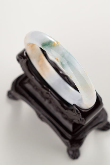 #0309 Green Yellow Flower Light Lavender Jade Bangle Size 58.7