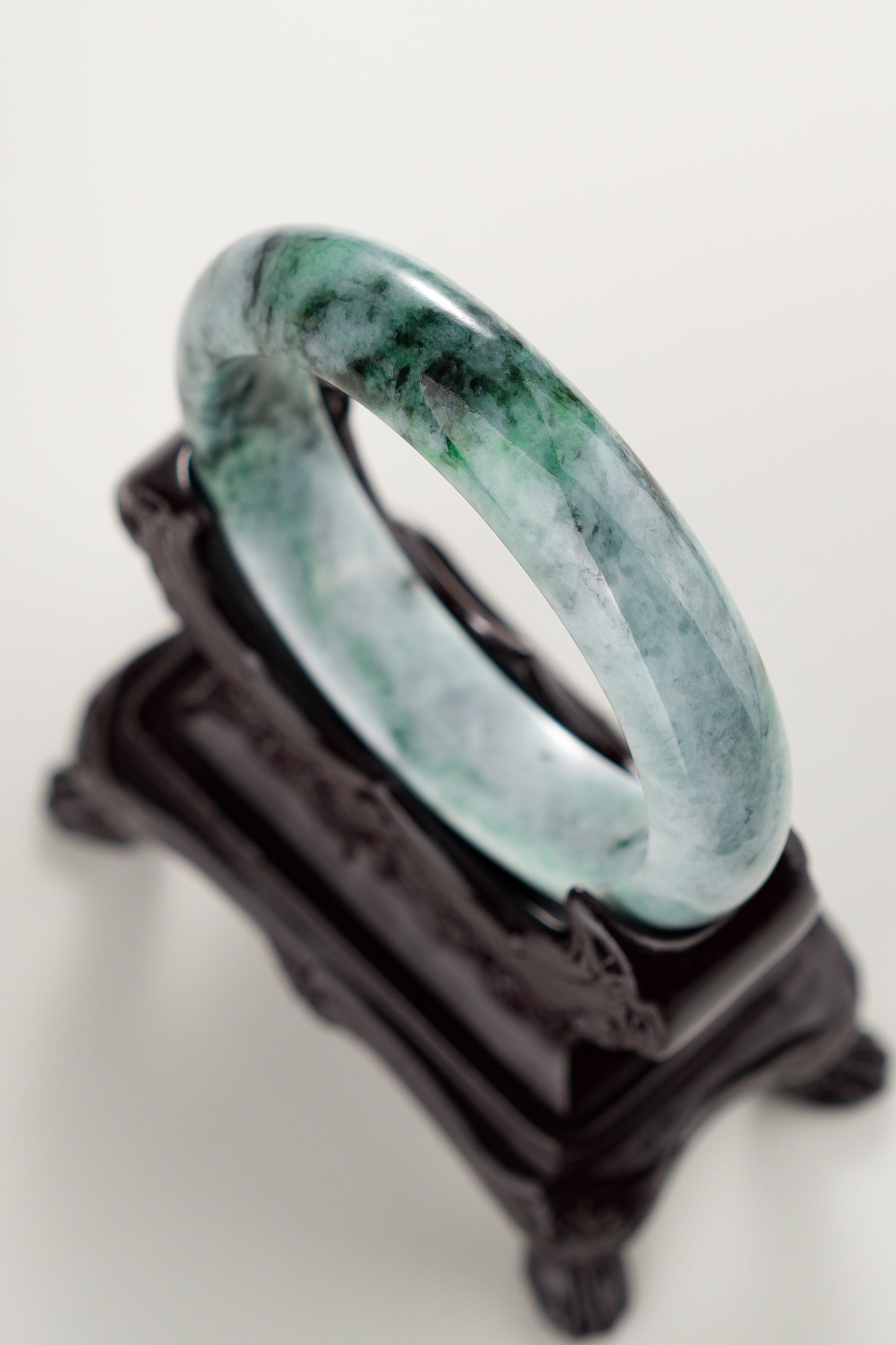 #0280 Dark Green Flower Jade Bangle Size 58.4